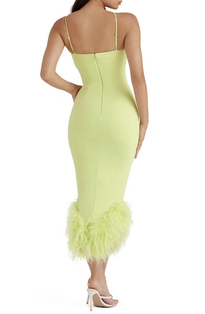 House Of Cb Alessia Asymmetric Feather Trim Midi Dress In Lime
