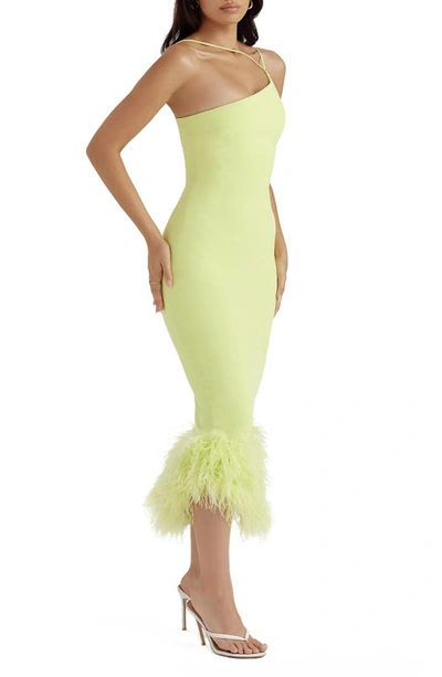 House Of Cb Alessia Asymmetric Feather Trim Midi Dress In Lime