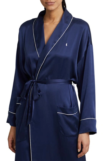 Shop Polo Ralph Lauren Stretch Silk Robe In Navy