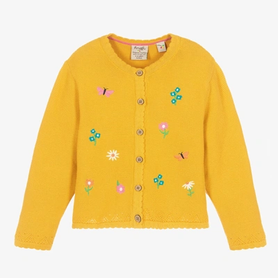 Shop Frugi Girls Yellow Cotton Embroidered Cardigan