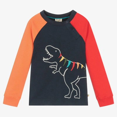 Shop Frugi Boys Blue Cotton Dinosaur Sweatshirt