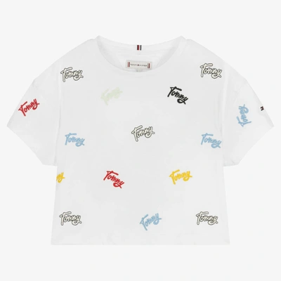 Shop Tommy Hilfiger Girls White Embroidered Cotton Logo T-shirt