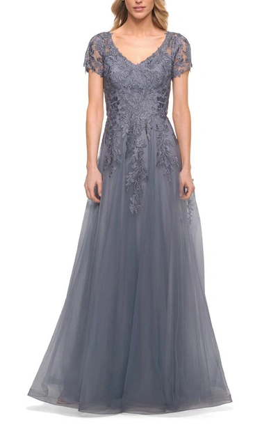Shop La Femme Embroidered Tulle A-line Gown In Slate
