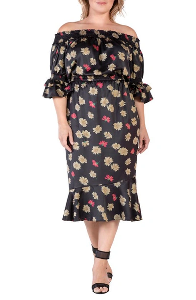 Shop Standards & Practices Floral Off The Shoulder Midi Dress In Black Sparkler