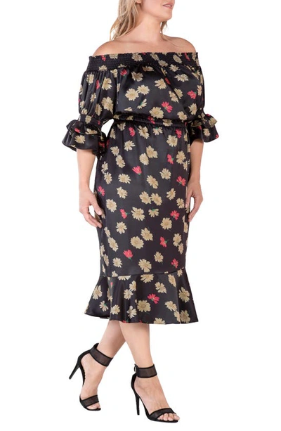 Standards & Practices Floral Off The Shoulder Midi Dress In Black Sparkler