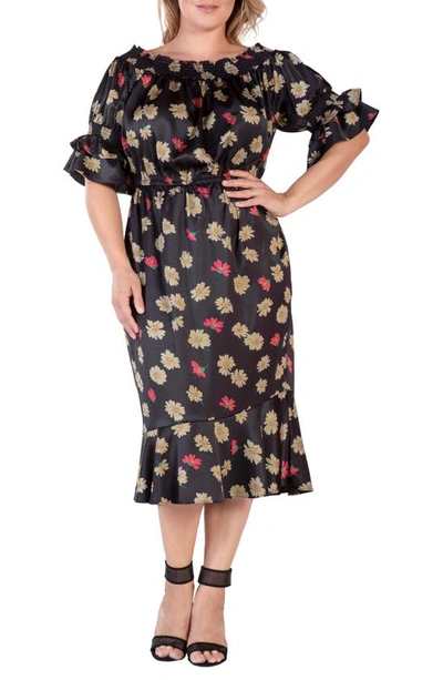 Standards & Practices Floral Off The Shoulder Midi Dress In Black Sparkler