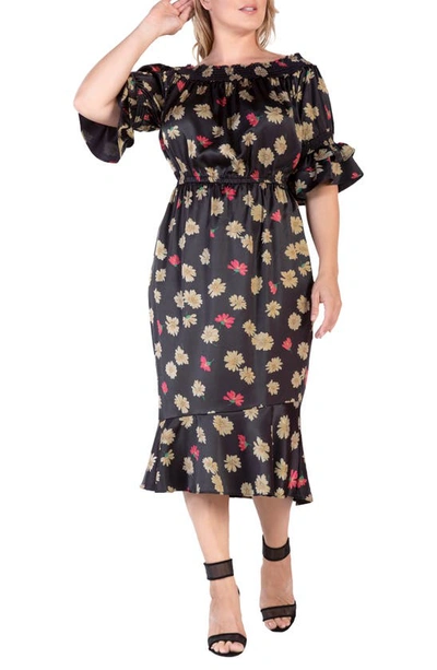 Standards & Practices Floral Off The Shoulder Midi Dress In Black Sparkler