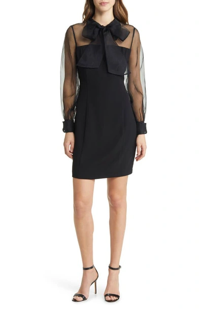 Shop Shani Long Sleeve Organza & Crepe Sheath Dress In Black