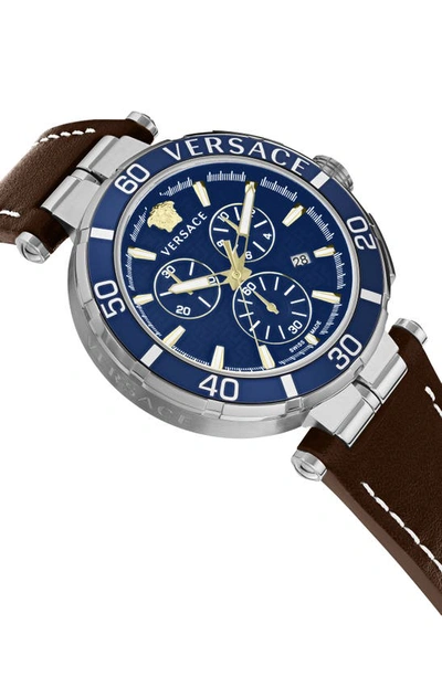 Shop Versace Greca Chronograph Leather Strap Watch, 45mm In Stainless Steel