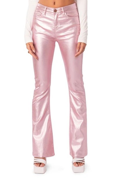 Shop Edikted Luna Faux Leather Flare Leg Pants In Metallic-pink