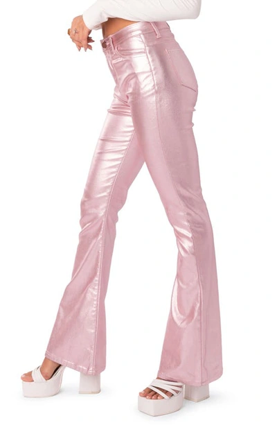 Shop Edikted Luna Faux Leather Flare Leg Pants In Metallic-pink