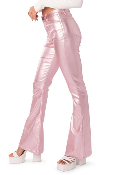 Edikted Luna Faux Leather Flare Leg Pants In Metallic-pink