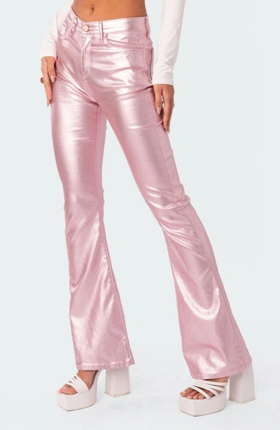 Shop Edikted Luna Faux Leather Flare Leg Pants In Metallic-pink