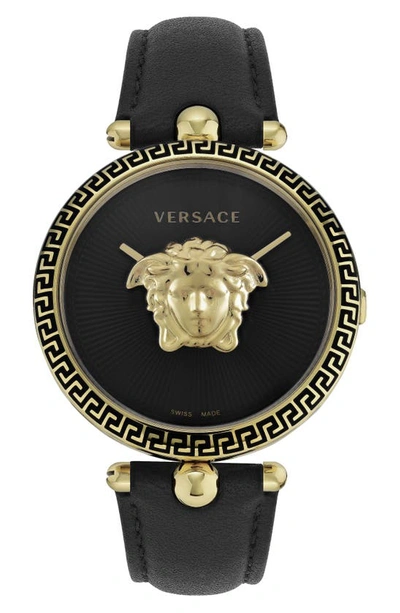 Shop Versace Palazzo Empire Leather Strap Watch, 39mm In Ip Yellow Gold