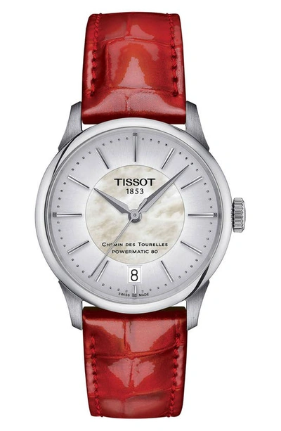 Shop Tissot Chemin Des Tourelles Powermatic 80 Leather Strap Watch, 34mm In Red