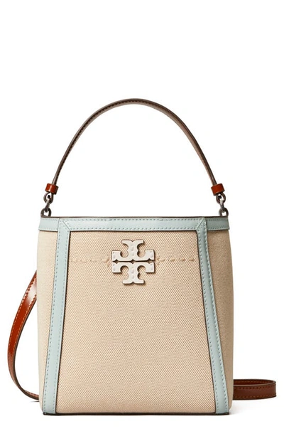 Shop Tory Burch Small Mcgraw Canvas Bucket Bag In Natural / Sea Bubble