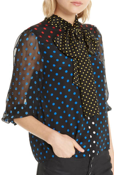 Shop Alice And Olivia Jeannie Bow Neck Blouse In Med Polkadot Black/ Cobalt