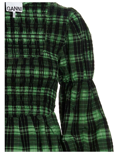 Shop Ganni Seersucker Dress In Green