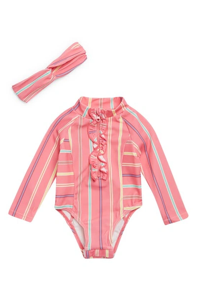 Jessica Simpson Babies Long Sleeve Rashguard Swimsuit Headband Set In Pink Stripe ModeSens