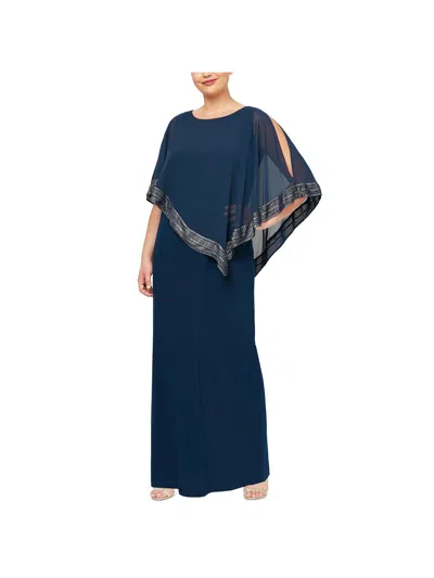 Slny Plus Womens Asymmetric Overlay Metallic Evening Dress In Blue