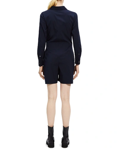 Theory Tie-waist Button-front Romper In Blue