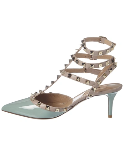 Shop Valentino Rockstud Caged 65 Patent Ankle Strap Pump In Blue