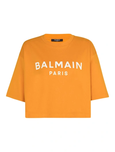 Shop Balmain Print Cropped T-shirt In Yellow & Orange