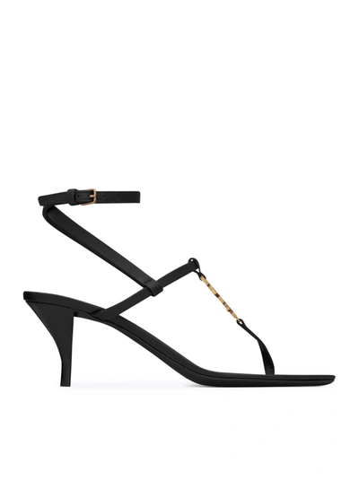 Shop Saint Laurent Cassandra Sandals In Smooth Leather With Golden Monogram In Black