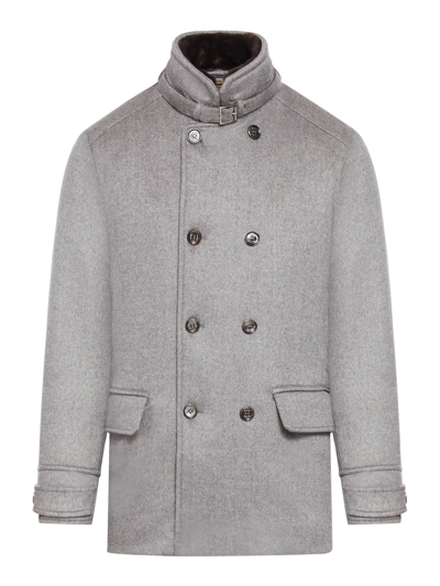 Moorer Kurt-bab Short Double Breasted Coat In Grey