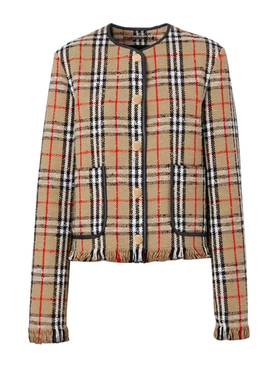Shop Burberry Collarless Jacket In Bouclé Fabric With Vintage Check Motif In Nude & Neutrals