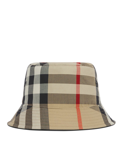 Shop Burberry Cotton Fisherman Hat With Tartan Motif In Nude & Neutrals