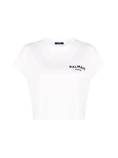 Shop Balmain Cropped Cotton T-shirt In White