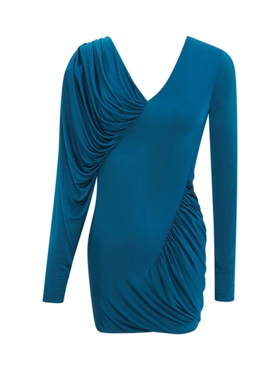 Shop Saint Laurent Draped Dress In Shiny Jersey In Blue