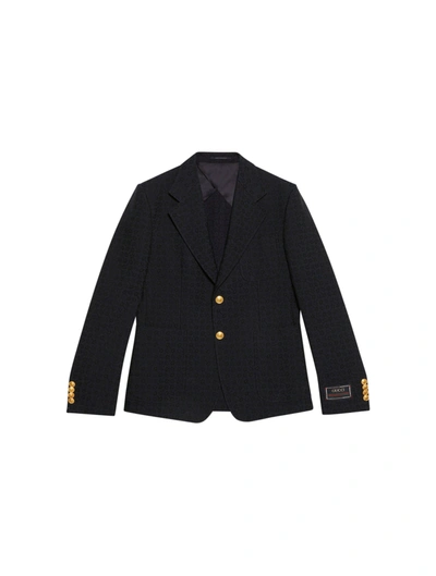 Shop Gucci Elegant Jacket In Wool And Cotton With Horsebit In Blue