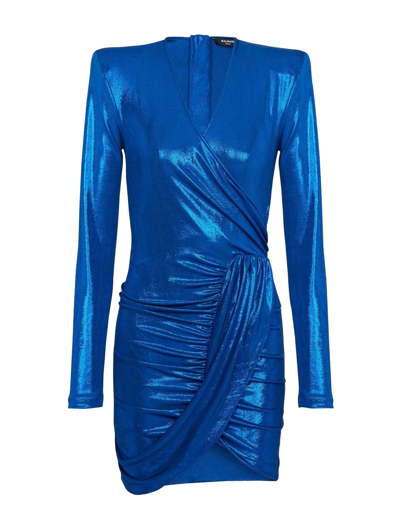 Shop Balmain Glittered Ruched Dress In Blue