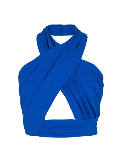 Shop Balmain Halterneck Draped Jersey Cropped Top In Blue