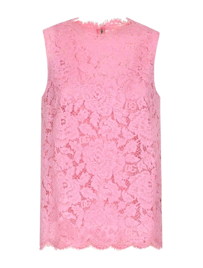 Shop Dolce & Gabbana Logo Stretch Lace Top In Pink & Purple