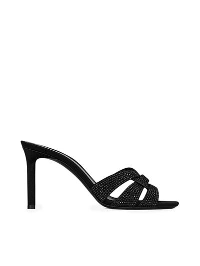 Shop Saint Laurent Mule Tribute In Suede And Rhinestones With Heel In Black