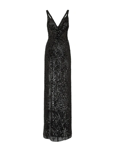 Shop Fendi Paillettes Chiffon Long Dress In Black