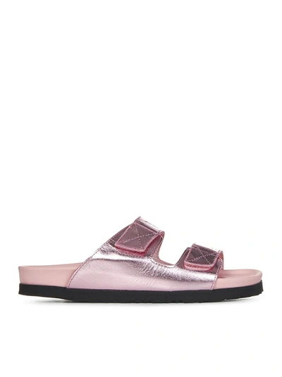 Shop Palm Angels Pink Slide Sandals In Metallic Leather With Double Strap With Logo Print In Pink & Purple