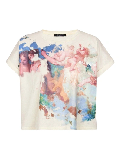 Shop Balmain Printed Cropped T-shirt In Multicolour