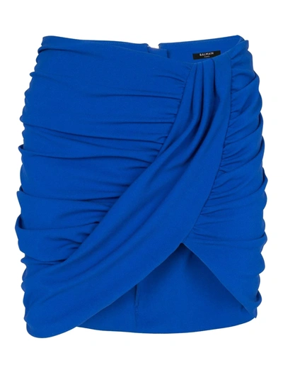 Shop Balmain Ruched Mini Skirt In Blue