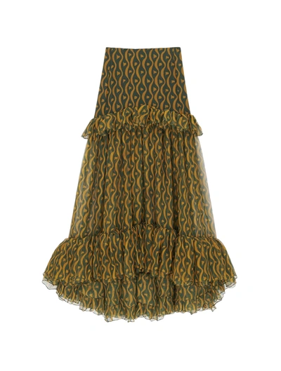Shop Saint Laurent Ruffled Long Skirt In Silk In Green