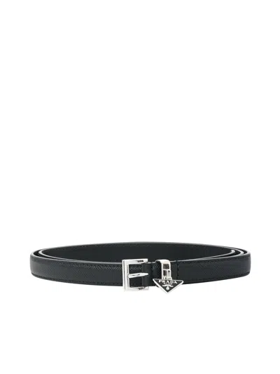 Prada Black Saffiano Belt With Logo Charm In Black