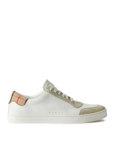 Shop Burberry Sneaker In Leather, Suede And Cotton With Tartan Motif In Nude & Neutrals
