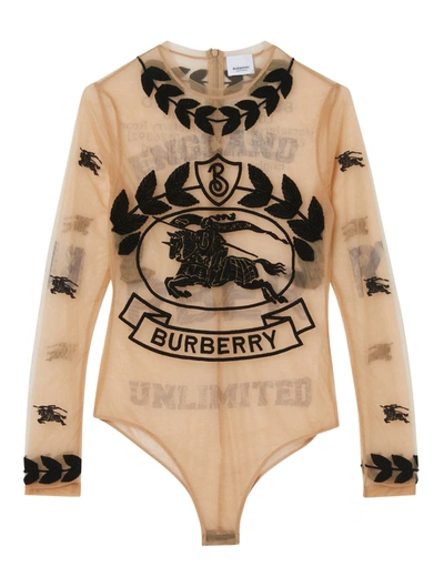 Shop Burberry Stretch Tulle Body With Embroidered Equestrian Knight In Brown