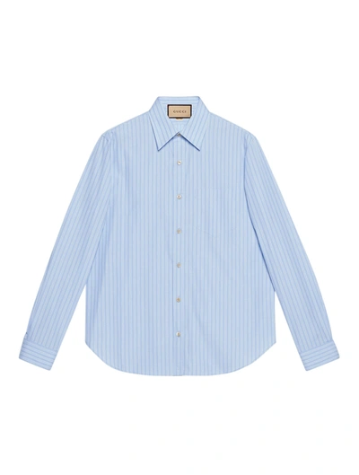 Shop Gucci Striped Cotton Shirt With Pocket In Blue