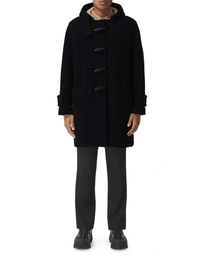 Shop Burberry Technical Wool Duffle Coat With Exaggerated Check Lining In Blue