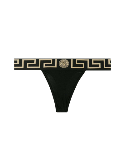 Shop Versace Thong With Greek Key In Black