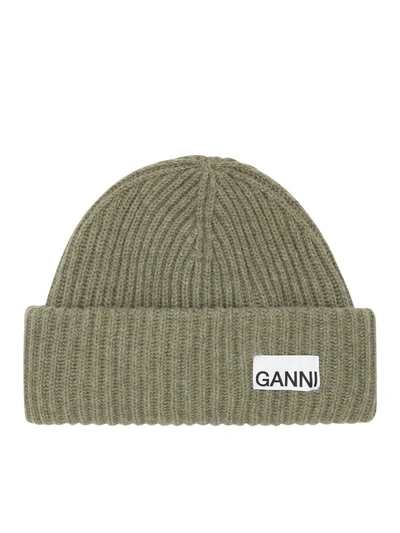 Shop Ganni Wool Beanie In Green